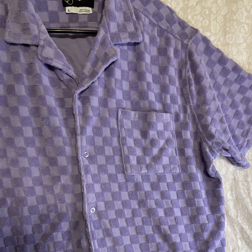 Original Use Men's L Purple Check Terrycloth Short Sleeve Button-Up